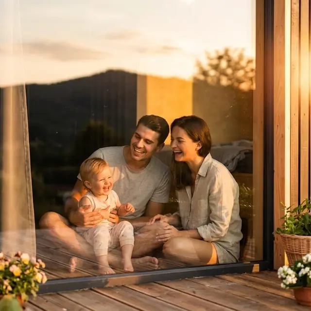 Nettoyage de vitres à domicile : une famille derrière une baie vitrée sans trace